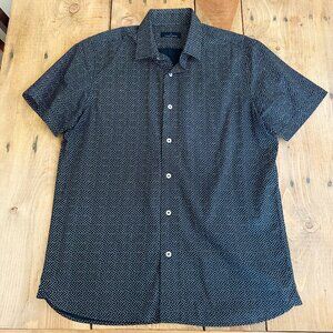 Navy Blue Toscano Men's Short Sleeve Button Down‎ Geomatric Design 100% Cotton M